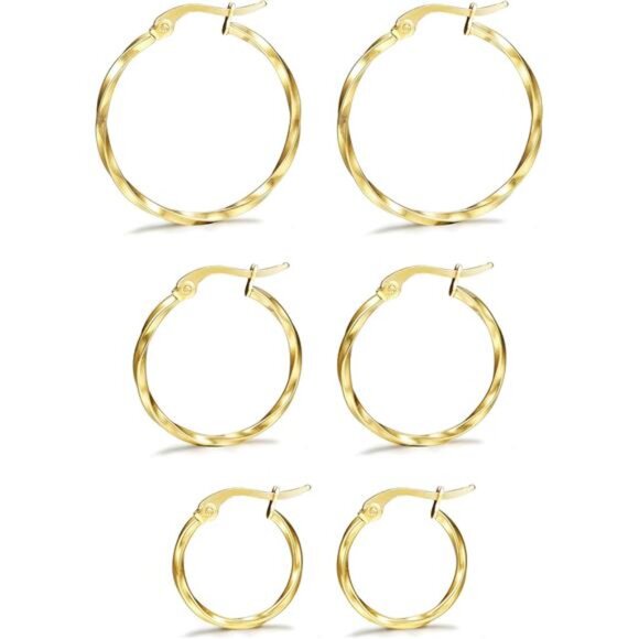 3Pairs Stainless Steel Twisted Gold Silver Small Hoop Earrings Set 15-25mm - Picture 1 of 7